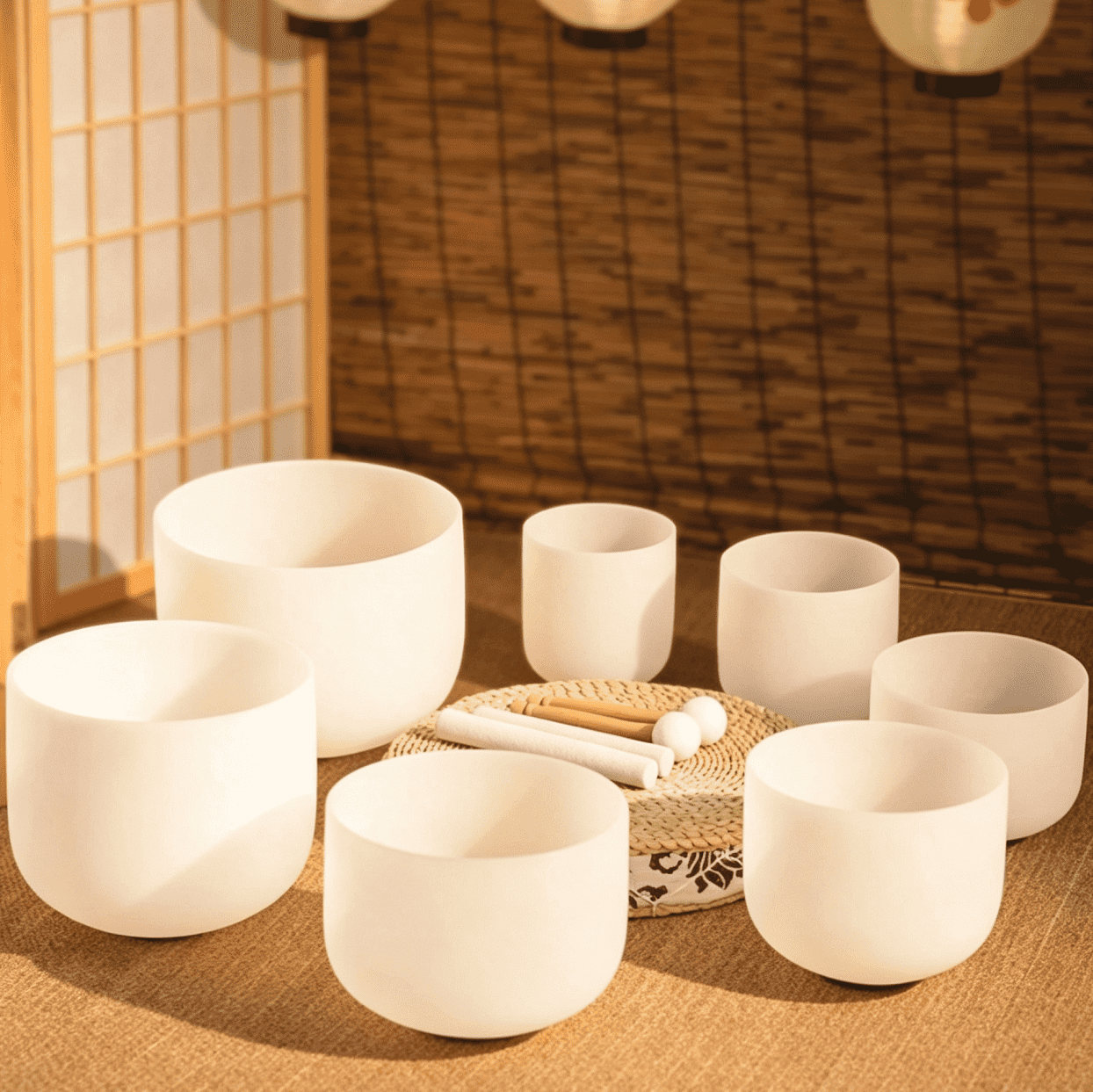 7 pcs frosted white crystal singing bowl set 7 pcs frosted white crystal singing bowl set